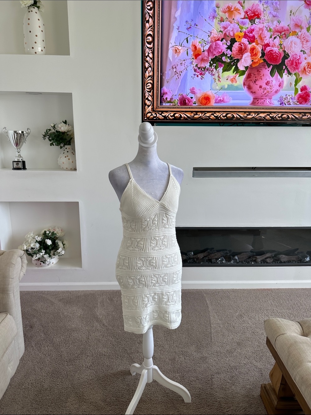 Olive & Oak Ivory Knit Mini Dress with Spaghetti Straps